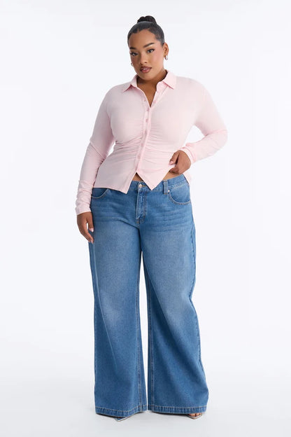 Curve Ease Ruched Button-Up Long Sleeve Top