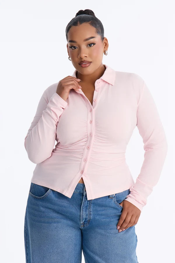 Curve Ease Ruched Button-Up Long Sleeve Top