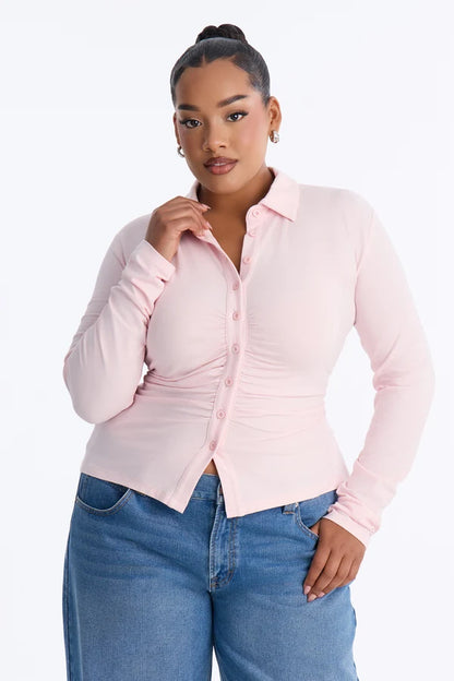 Curve Ease Ruched Button-Up Long Sleeve Top
