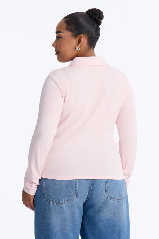 Curve Ease Ruched Button-Up Long Sleeve Top