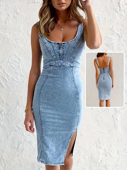 Sweetheart Corset Denim Bodycon Midi Dress
